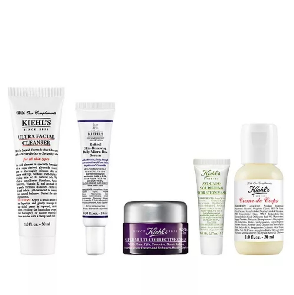 New Kiehl's 5 Piece Travel Gift Cleanser Cream Hand Mask Travel Sealed Set